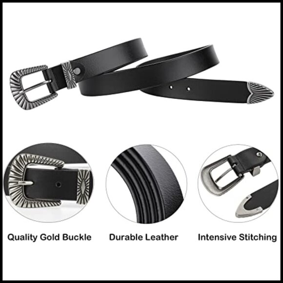 Western Style Leather Belt Silver Gold Buckle Adjustable Vintage Chic Accessory main image 5